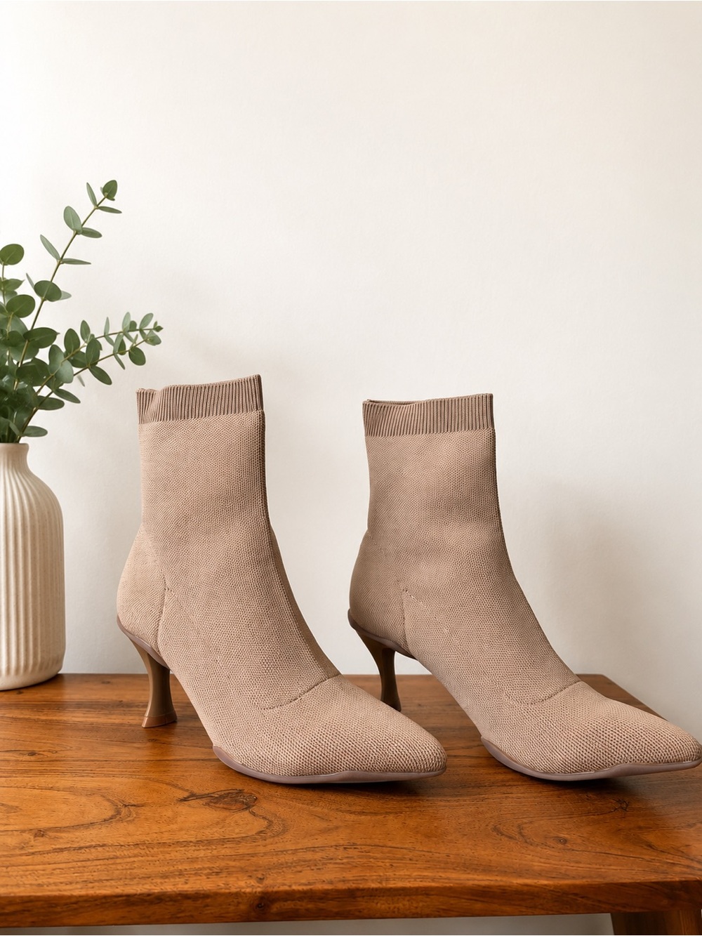 NewBella Knit Sock Ankle Boots Nude Pointed Toe Heels